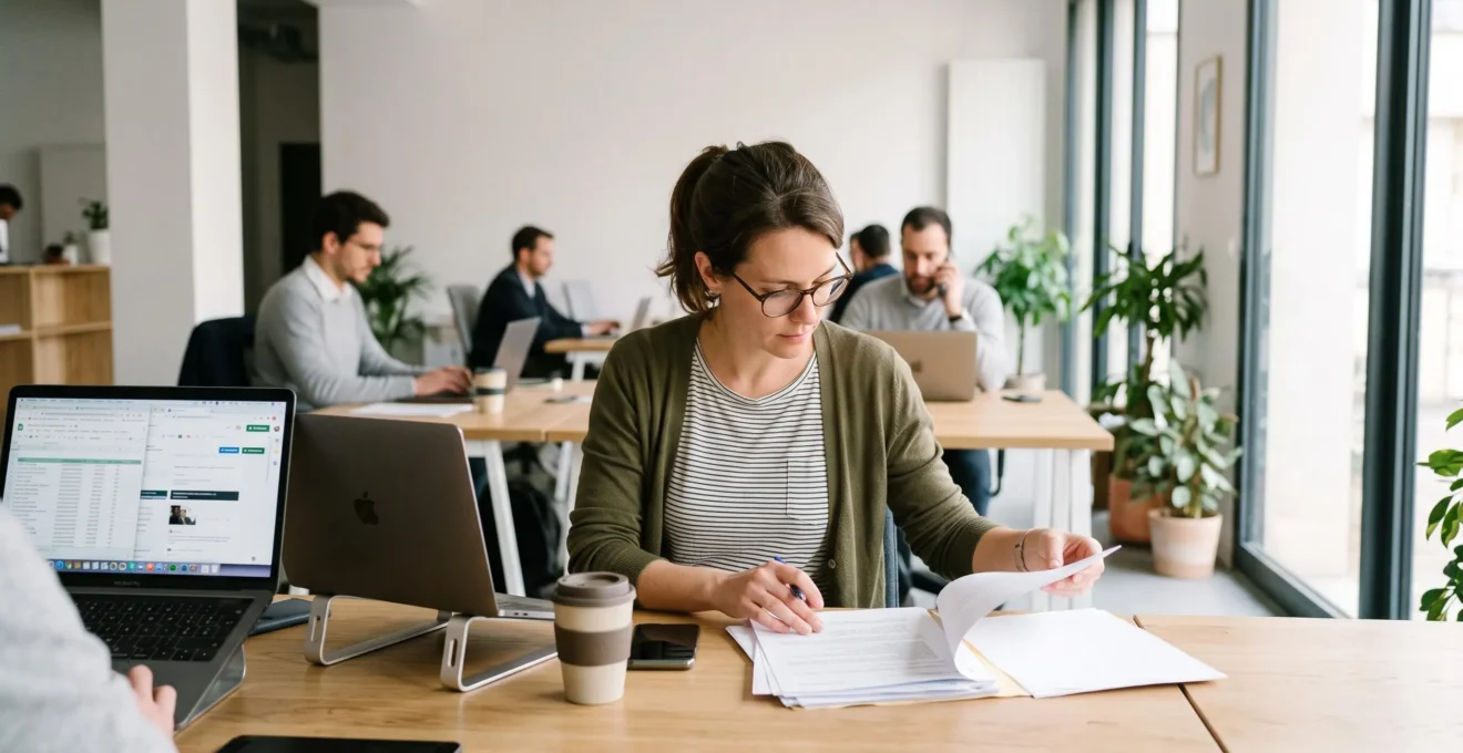 Un professionnel vérifie des documents administratifs dans un espace de coworking moderne et économique en France