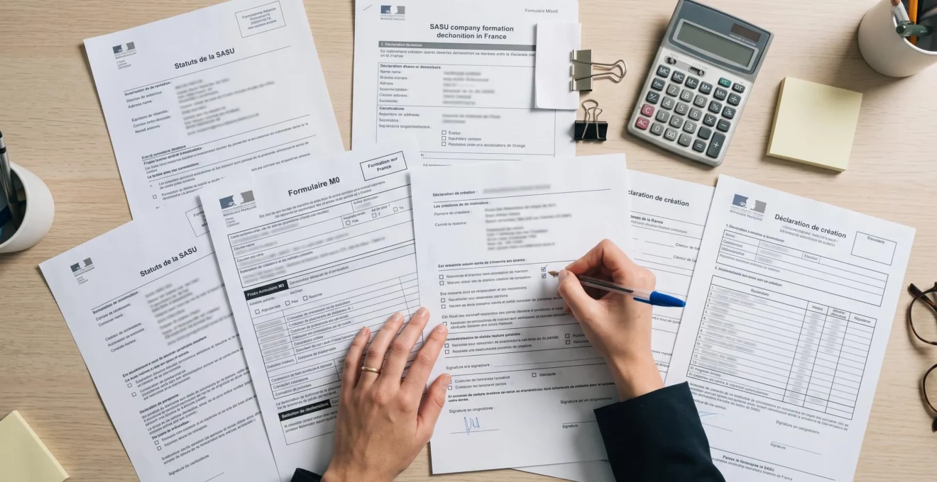 Vue du dessus de documents administratifs pour la création d'une SASU disposés sur un bureau avec calculatrice et stylo