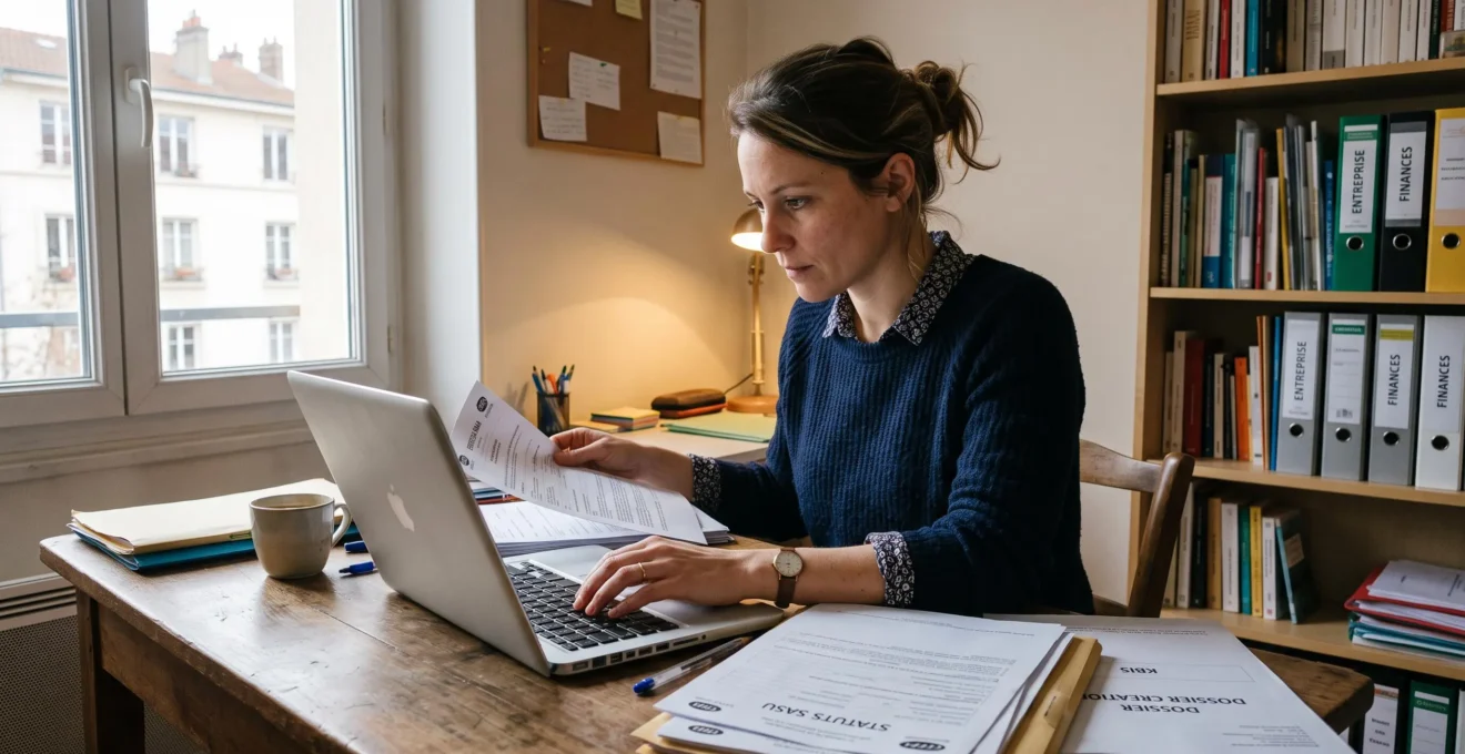 Un entrepreneur travaille sur les documents de création de sa SASU dans un espace de travail simple, avec ordinateur et papiers administratifs sur son bureau