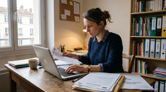 Un entrepreneur travaille sur les documents de création de sa SASU dans un espace de travail simple, avec ordinateur et papiers administratifs sur son bureau