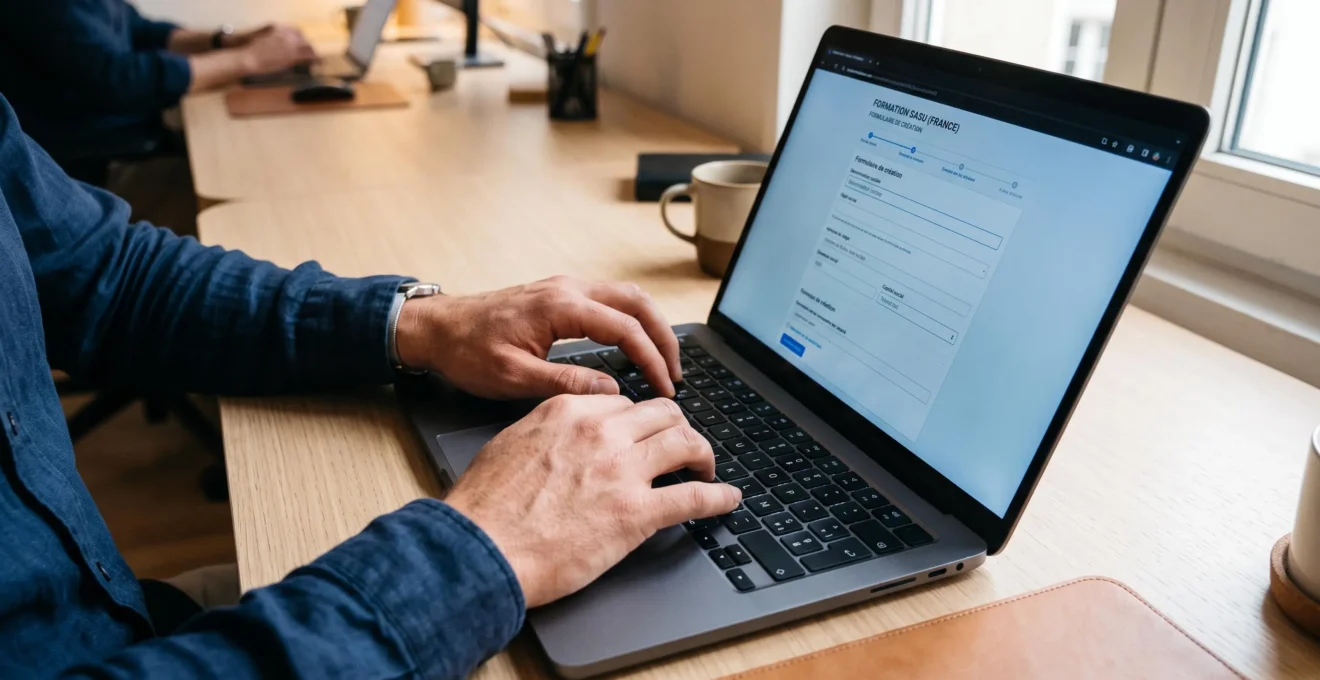 Gros plan sur les mains d'un entrepreneur utilisant un ordinateur portable pour accéder à une plateforme juridique en ligne de création d'entreprise